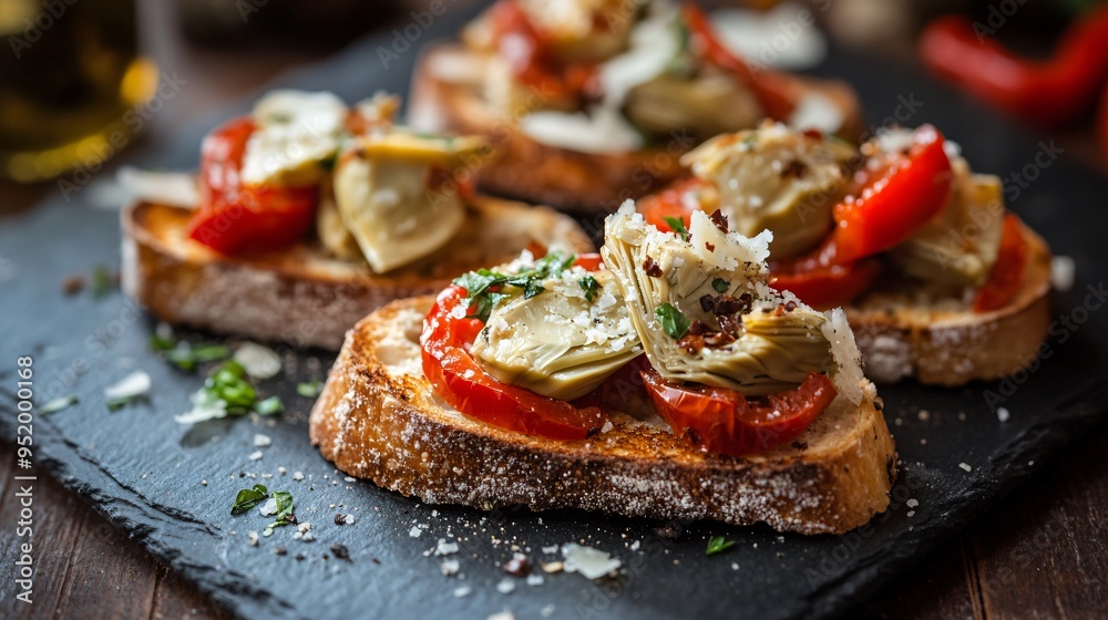 Bruschetta with roasted red peppers, artichokes, and Parmesan on a dark slate plate Bruschetta with roasted red peppers, artichokes, and Parmesan on a dark slate plate