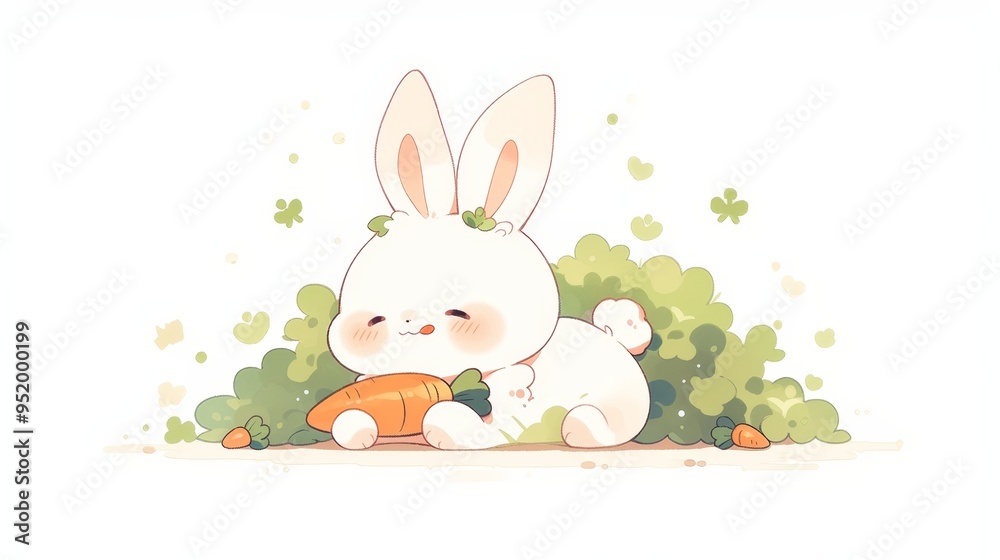Adorable cartoon bunny peacefully resting with a carrot among green clovers, perfect for spring and Easter themes. Adorable cartoon bunny peacefully resting with a carrot among green clovers, perfect for spring and Easter themes.