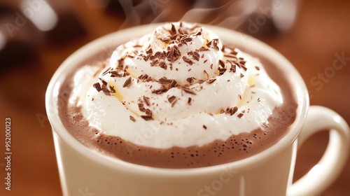 A close-up of a steaming cup of hot chocolate topped with whipped cream and chocolate shavings.