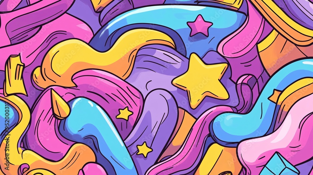Colorful abstract illustration with vibrant swirls and playful stars in pink, blue, and purple tones. Colorful abstract illustration with vibrant swirls and playful stars in pink, blue, and purple tones.