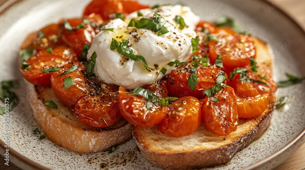 Bruschetta with roasted tomatoes, basil, and creamy burrata, served on a ceramic plate Bruschetta with roasted tomatoes, basil, and creamy burrata, served on a ceramic plate