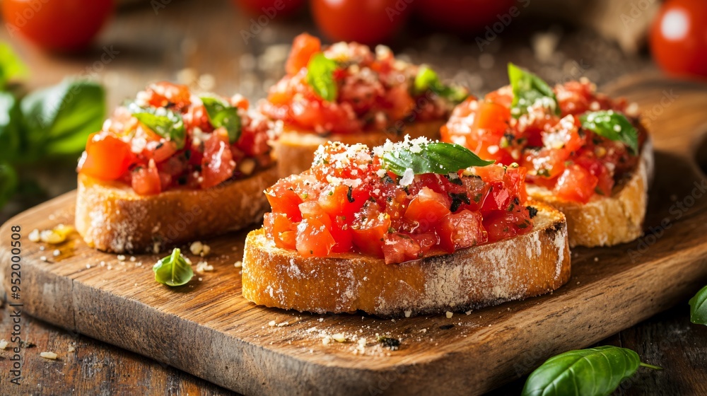 Bruschetta with roasted tomatoes, fresh basil, and a sprinkle of Parmesan on a vintage wooden board Bruschetta with roasted tomatoes, fresh basil, and a sprinkle of Parmesan on a vintage wooden board