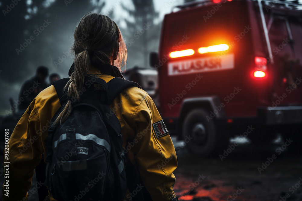 AI generated photo of brave firefighter after evacuations of people AI generated photo of brave firefighter after evacuations of people