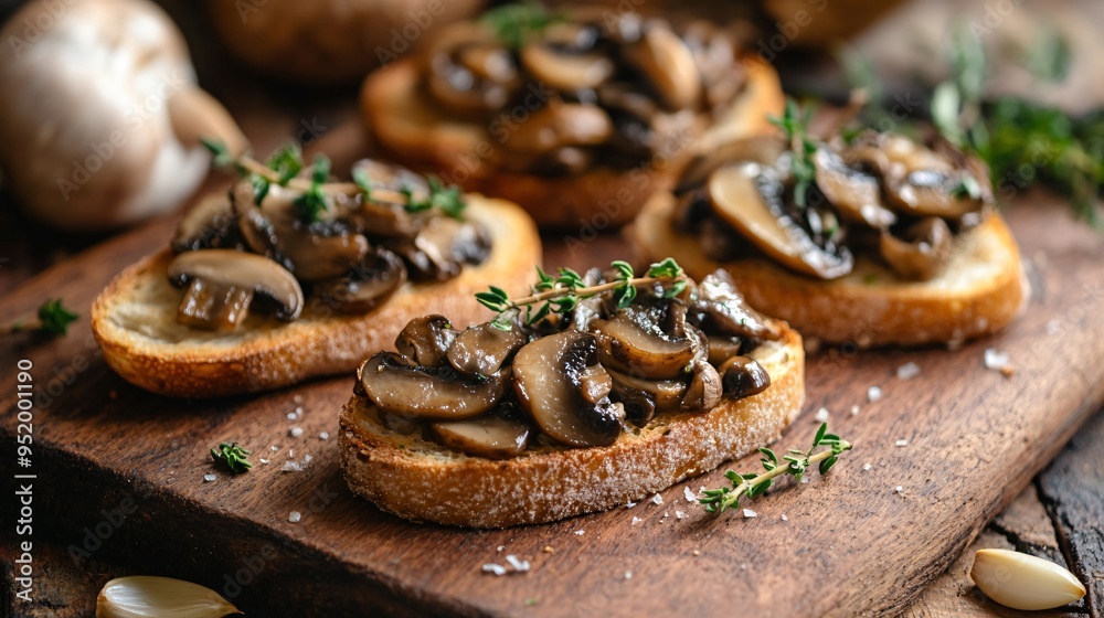 Mushroom bruschetta with sauteed garlic and thyme, set against a warm, rustic backdrop Mushroom bruschetta with sauteed garlic and thyme, set against a warm, rustic backdrop