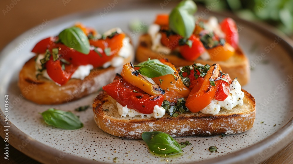 Roasted bell pepper and goat cheese bruschetta on a toasted slice of ciabatta, served on a ceramic plate Roasted bell pepper and goat cheese bruschetta on a toasted slice of ciabatta, served on a ceramic plate