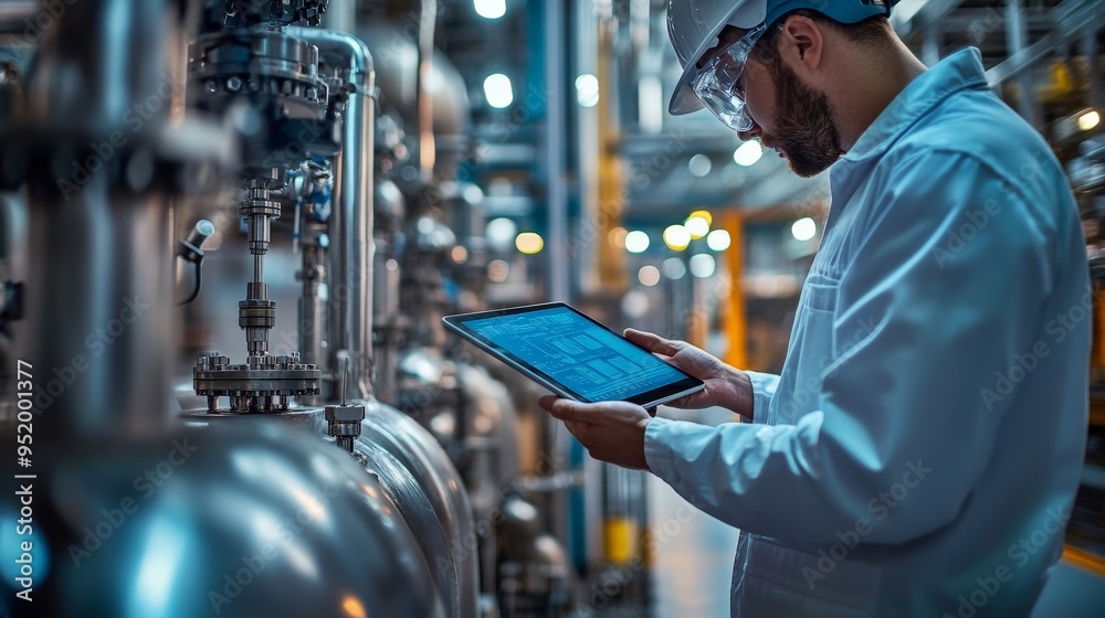 Industrial Innovation: Engineer Monitors Production Data on Tablet Industrial Innovation: Engineer Monitors Production Data on Tablet