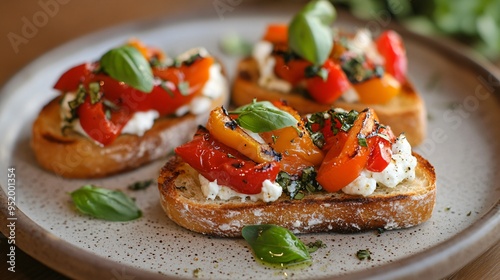 Roasted bell pepper and goat cheese bruschetta on a toasted slice of ciabatta, served on a ceramic plate