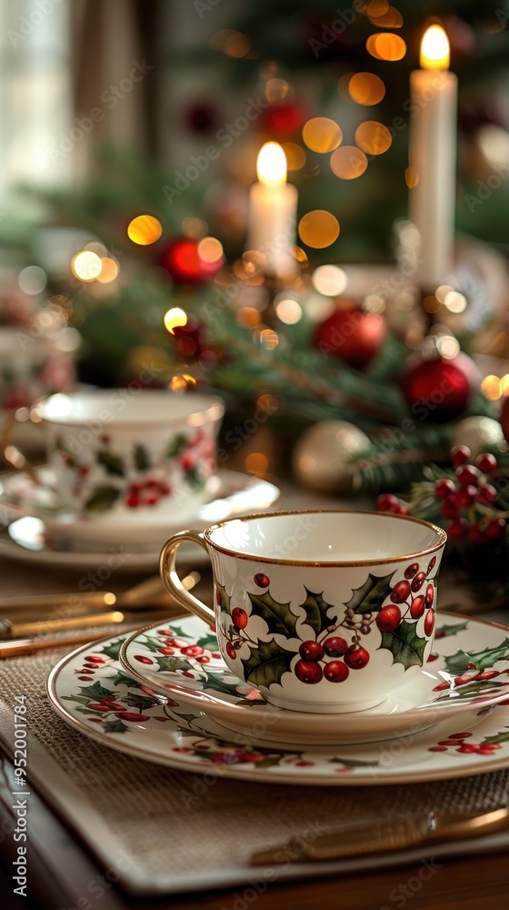 Fototapeta premium Elegant holiday dining setup featuring festive china, candles, and decorations, creating a warm and inviting atmosphere.