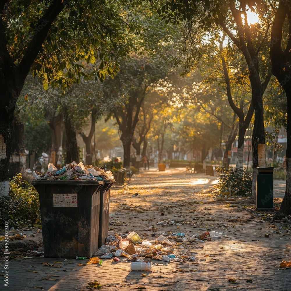 Overflowing Trash Bin in a Serene City Park Overflowing Trash Bin in a Serene City Park