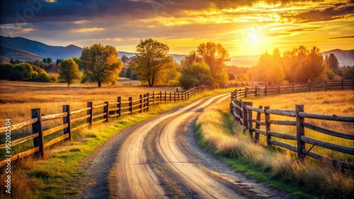 vintage wooden fence parallels winding country road through quintessential ranch scenery at golden hour with soft focus and warm tones