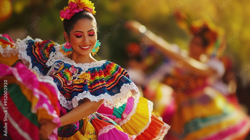 Graceful Mexican woman dancing in a colorful traditional dress at a vibrant fiesta, showcasing ruffles, a floral headpiece, and lively movements under bright sunlight, with a blurred group of dancers Graceful Mexican woman dancing in a colorful traditional dress at a vibrant fiesta, showcasing ruffles, a floral headpiece, and lively movements under bright sunlight, with a blurred group of dancers