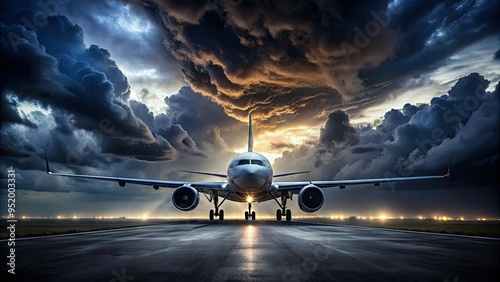 moodily lit plane's silhouette stands out against ominous dark grey stormy clouds atDramaticWeather photo