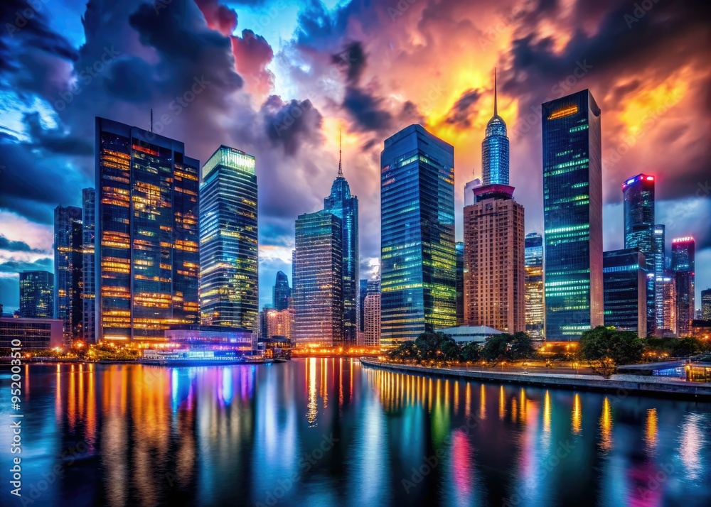 Obraz premium Moody nighttime cityscape financial district vibrant colors urban energy