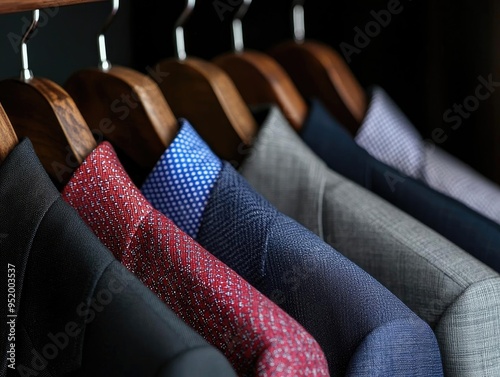 Elegant collection of tailored suits hanging on wooden hangers, showcasing modern fashion and style for formal occasions. photo