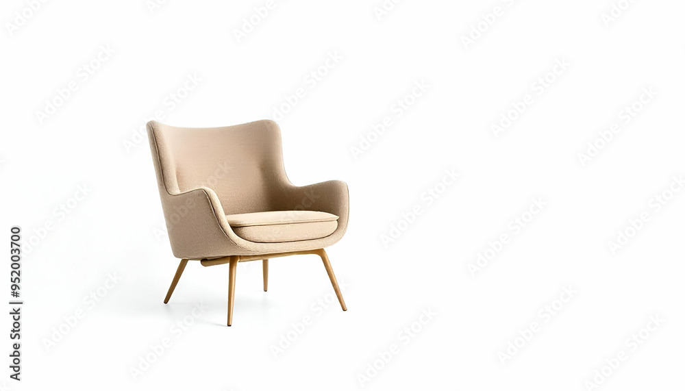 A modern, minimalist beige armchair with wooden legs against a plain white background