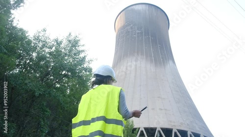 Female engineer with safety helmet and vest using digital tablet in front of nuclear and thermal power plant

