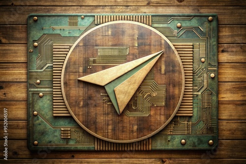 Retro-futuristic Telegram logo integrated with old-school computer parts, worn wooden textures, muted earth tones, nostalgic for vintage technology photo