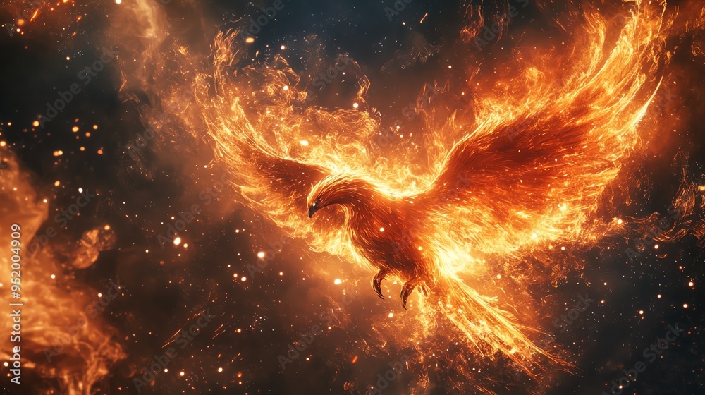 A fiery phoenix soars through a dramatic sky, its wings ablaze with a radiant glow. A fiery phoenix soars through a dramatic sky, its wings ablaze with a radiant glow.