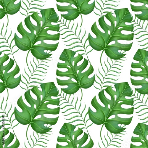 Fototapeta Naklejka Na Ścianę i Meble -  Seamless patterns watercolor tropical flowers, Palm leaves on white background watercolor botanical.