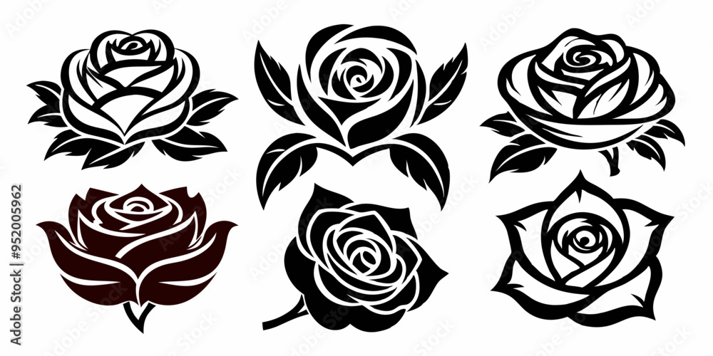 Set of decorative rose , different style, on white background Set of decorative rose , different style, on white background