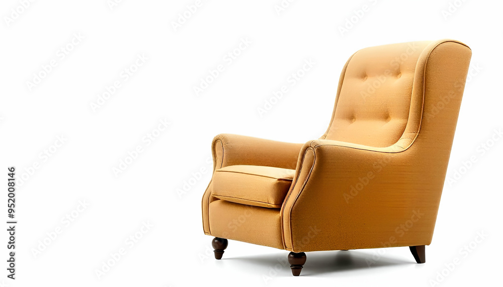 A yellow tufted armchair with wooden legs on a white background A yellow tufted armchair with wooden legs on a white background