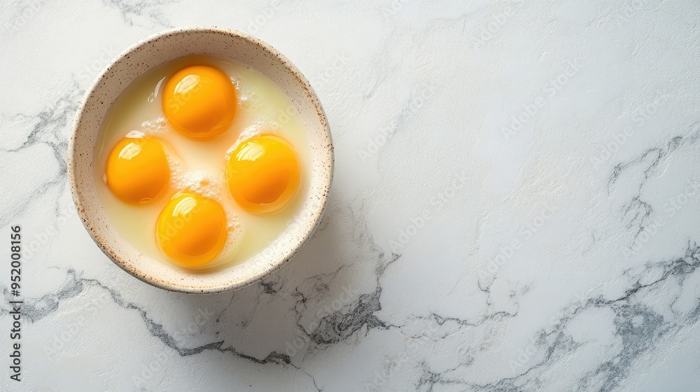 Bowl of raw eggs on a countertop, text space for culinary techniques Bowl of raw eggs on a countertop, text space for culinary techniques