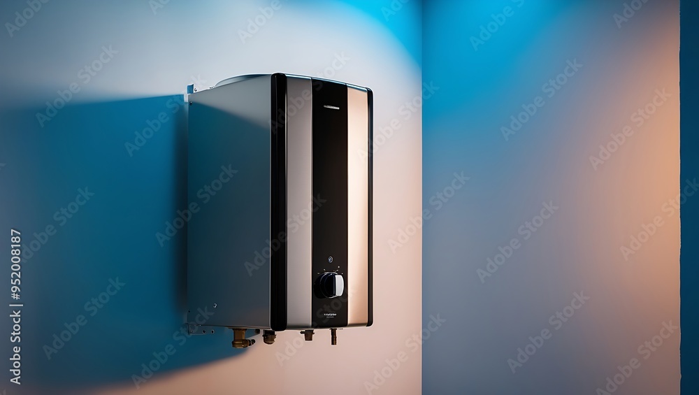 Modern gas boiler mounted on a wall, featuring a sleek silver design with black accents Modern gas boiler mounted on a wall, featuring a sleek silver design with black accents