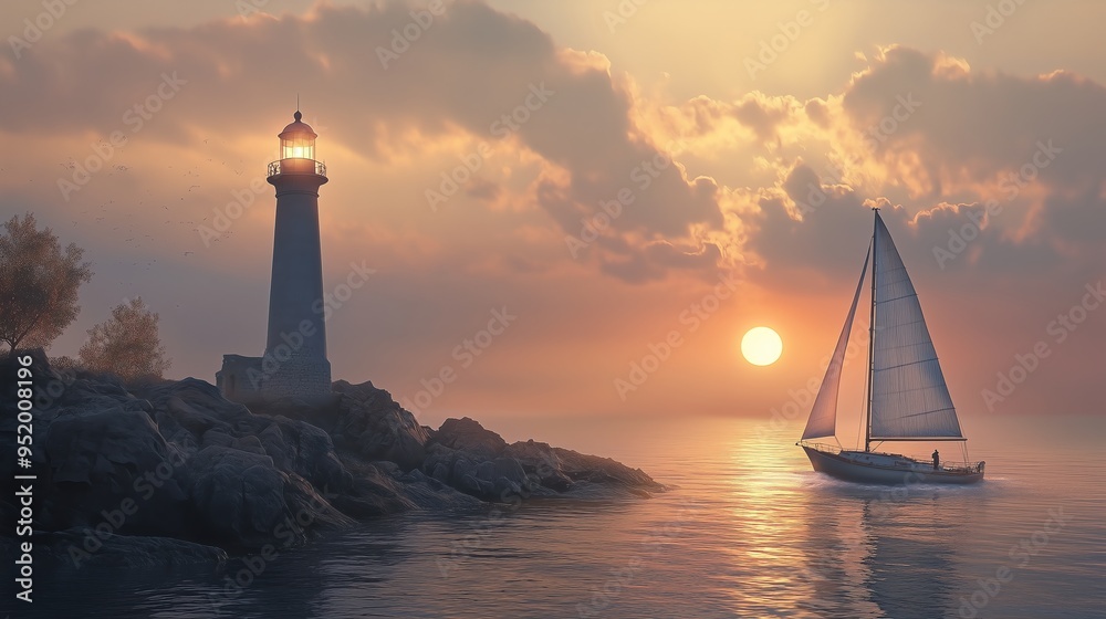 custom made wallpaper toronto digitalDawn Voyage: Sailboat Passing the Lighthouse