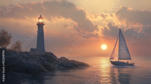 Wallpaper Mural Dawn Voyage: Sailboat Passing the Lighthouse Torontodigital.ca