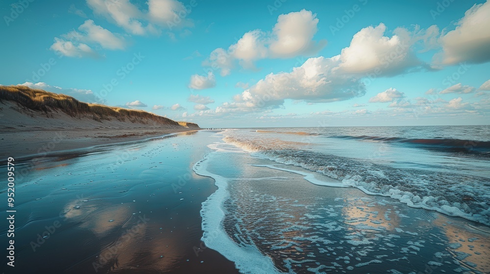 A serene coastal beach scene with gentle waves lapping at the shore under a partly cloudy sky, capturing the raw beauty of nature in the early morning light A serene coastal beach scene with gentle waves lapping at the shore under a partly cloudy sky, capturing the raw beauty of nature in the early morning light