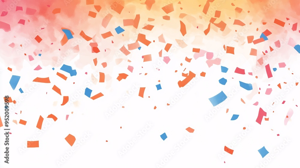 Colorful confetti raining down with a gradient background in warm tones. Colorful confetti raining down with a gradient background in warm tones.