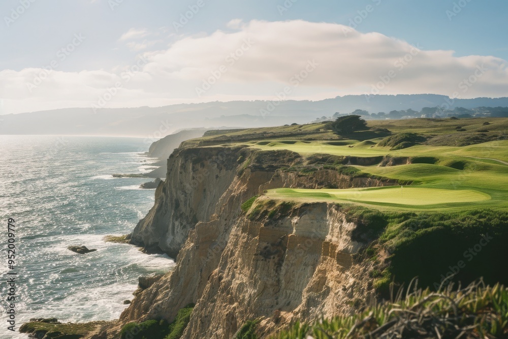 Waves gently crash against tall rocky cliffs topped with a lush green golf course overlooking the expansive ocean. Waves gently crash against tall rocky cliffs topped with a lush green golf course overlooking the expansive ocean.