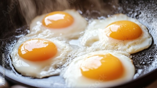 Close-up of eggs cooking in a skillet, text space for healthy meal ideas