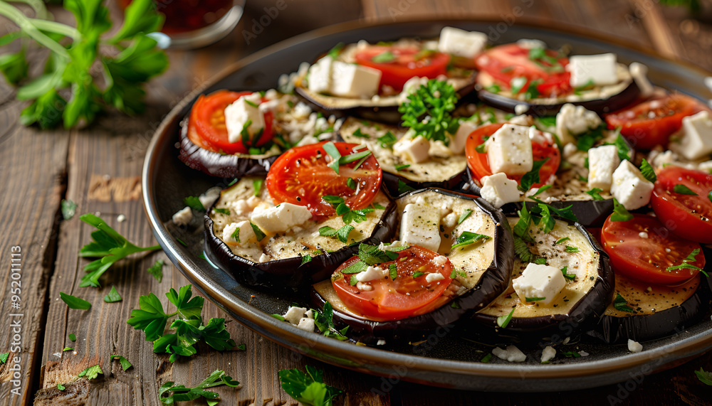 eggplant salad with tomato and feta cheese