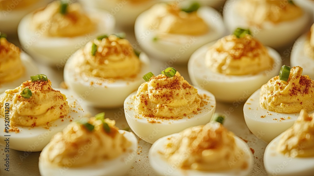 Deviled eggs arranged on a platter, text space for party ideas Deviled eggs arranged on a platter, text space for party ideas