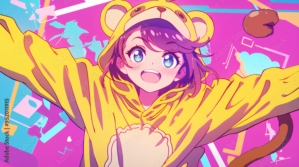 cute monkey character wearing anime onesie costume, anime style, cute kawaii, simple, smiling happy. neon psychedelic background cute monkey character wearing anime onesie costume, anime style, cute kawaii, simple, smiling happy. neon psychedelic background