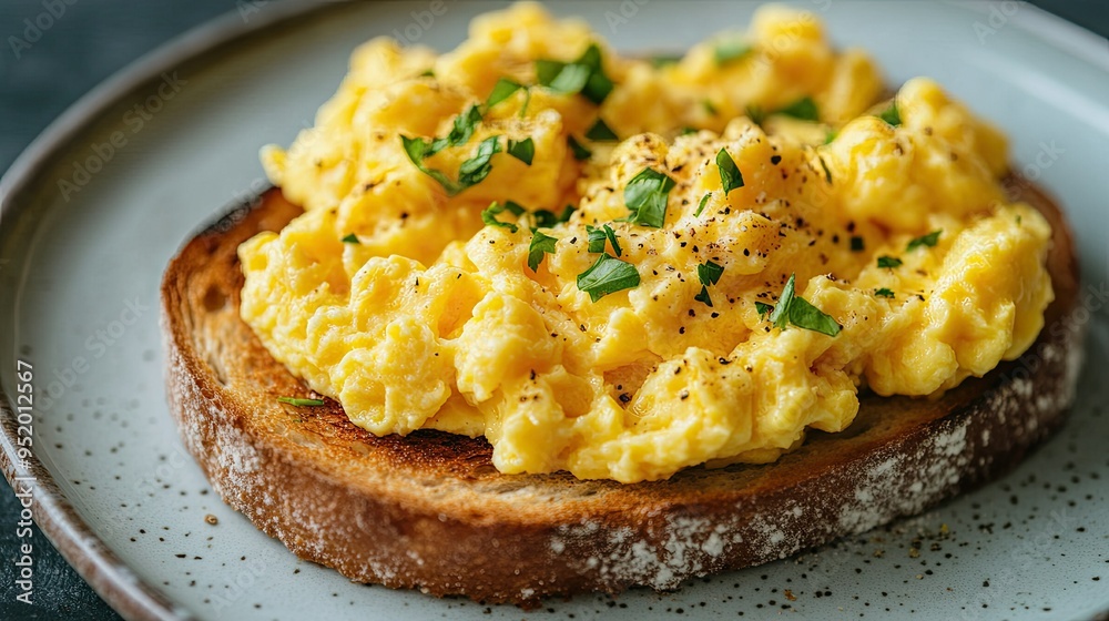 Soft scrambled eggs on a toast, text space for quick meal ideas Soft scrambled eggs on a toast, text space for quick meal ideas