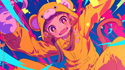 cute monkey character wearing anime onesie costume, anime style, cute kawaii, simple, smiling happy. neon psychedelic background