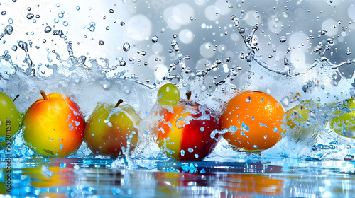 Fresh assorted fruits and vegetables splash into clear blue water in the background