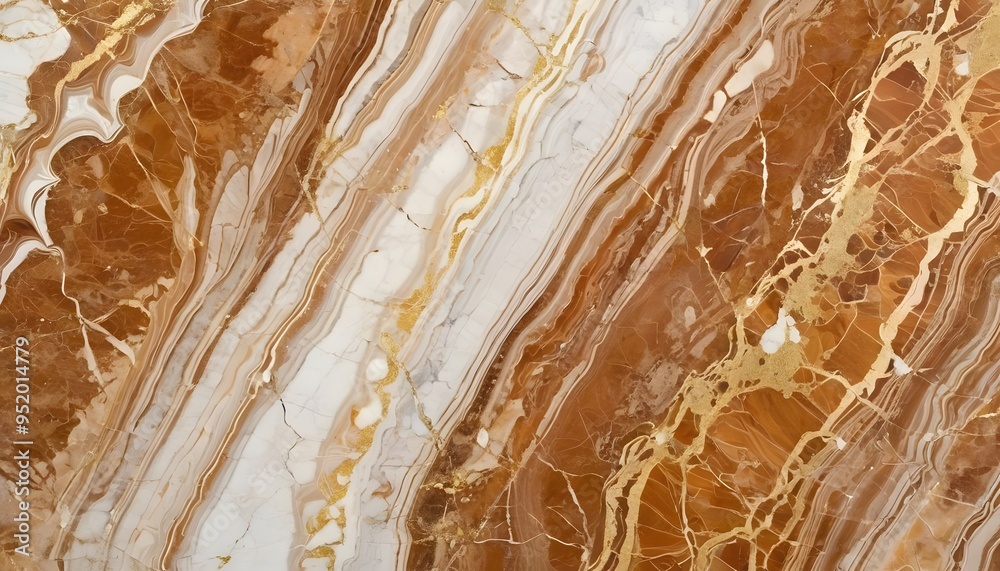 Obraz premium Terra Rossa Marble Slab Warm Reddish-Brown Base with White and Gold Veining, White and Gold textured background, wallpaper, marble, glossy tiles