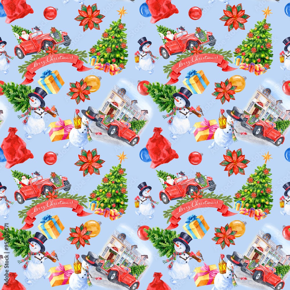 Obraz premium Seamless pattern with Snowman and Santa in his Car