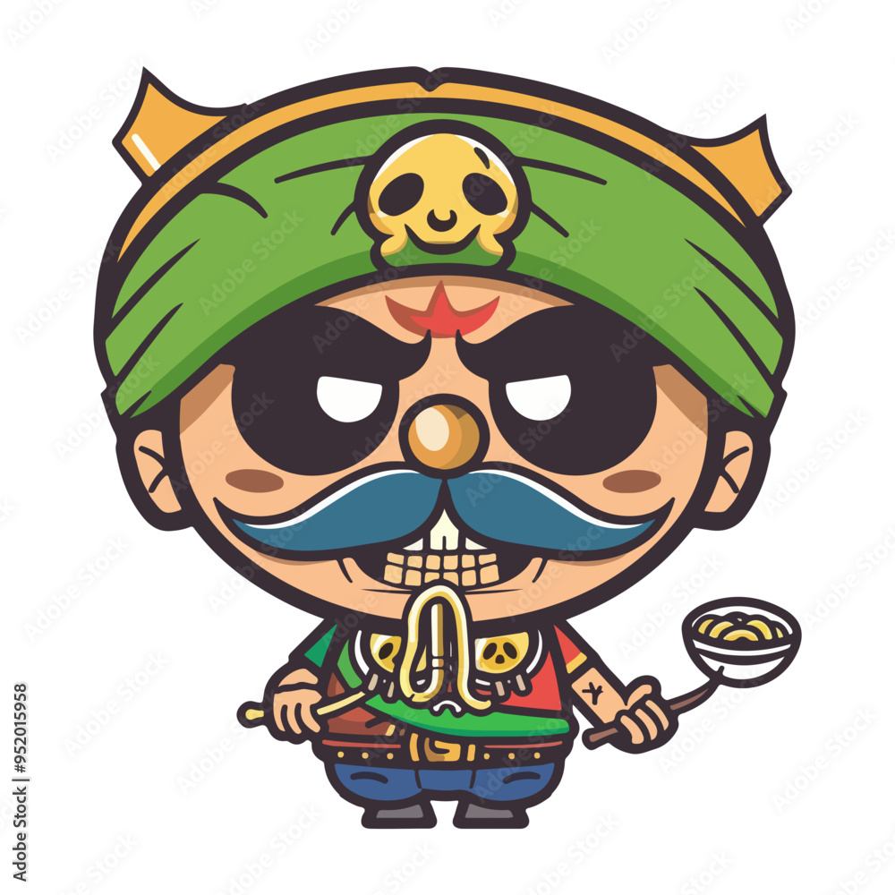 Funny colorful pirate character eating noodles Funny colorful pirate character eating noodles