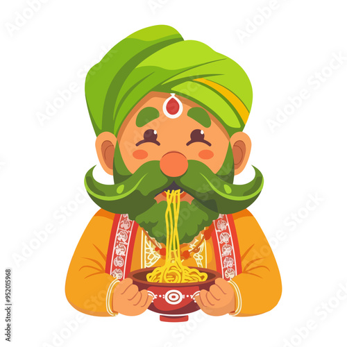 Funny Rajasthani indian character eating noodles 