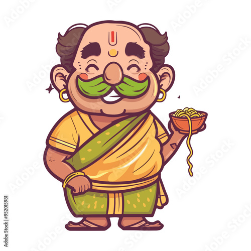 Funny south Indian man character eating noodles