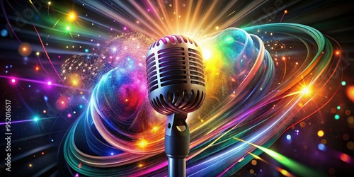 fantastical scene of a microphone emerging from a burst of colorful posterized lights and swirling patterns on a dark background photo