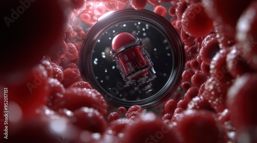 An intricate view of a nanobot conducting surgery inside a blood vessel, surrounded by red and white blood cells. photo