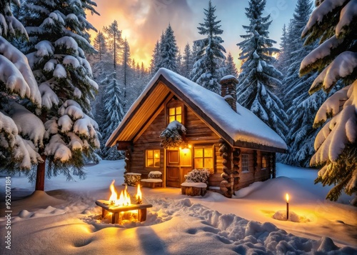 Rustic wooden cabin in snowy forest with warm golden lighting, candles, and crackling fireplace, conveying cozy intimate atmosphere of winter retreat