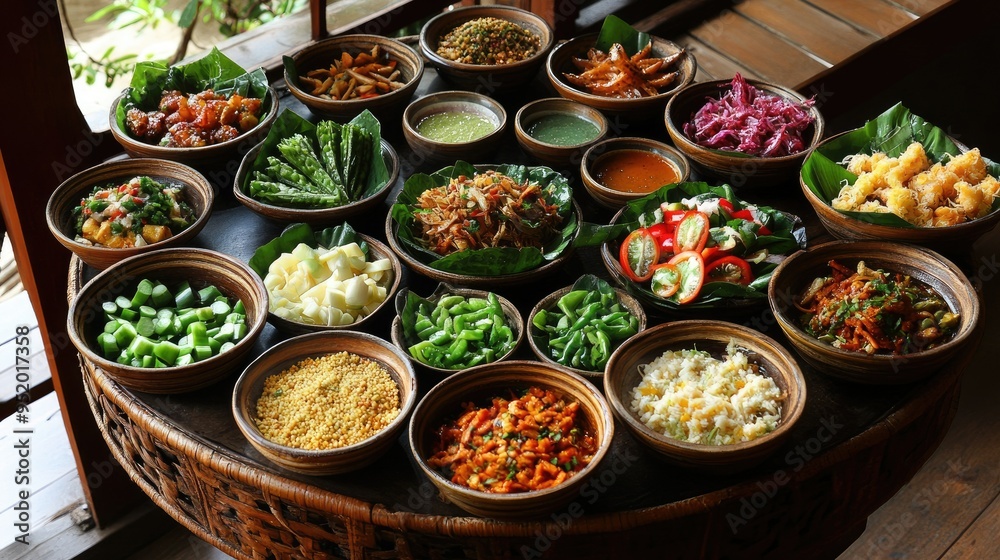A beautifully arranged spread of various bowls on a traditional Thai dining table, A beautifully arranged spread of various bowls on a traditional Thai dining table,