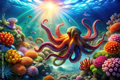 Whimsical underwater scene featuring tentacle wrapped around coral-shaped logo, colorful marine life, soft sunlit watery atmosphere, shimmering scales, playful oceanic hues. photo