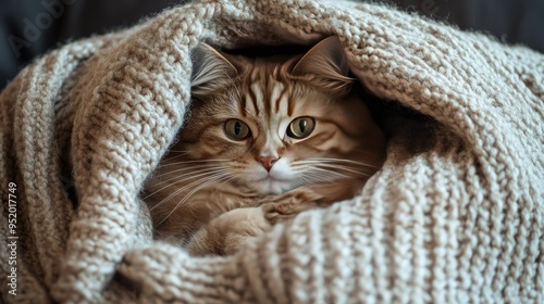 A chubby cat nestled in a cozy blanket, with only its round face and ears peeking out, emphasizing its love for warmth and comfort.